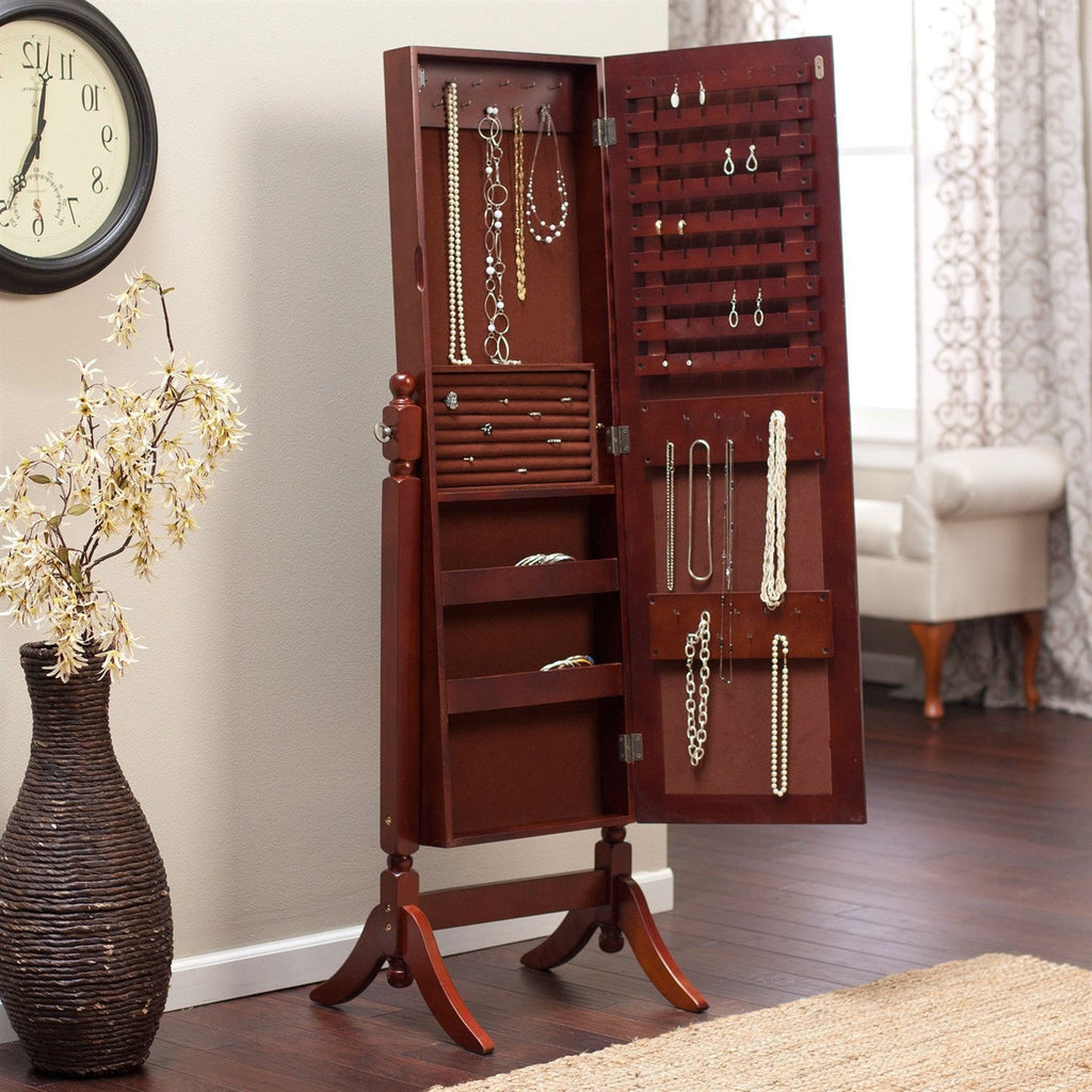 Full Length Tilting Cheval Mirror Jewelry Armoire in Cherry Wood Finish - Deals Kiosk