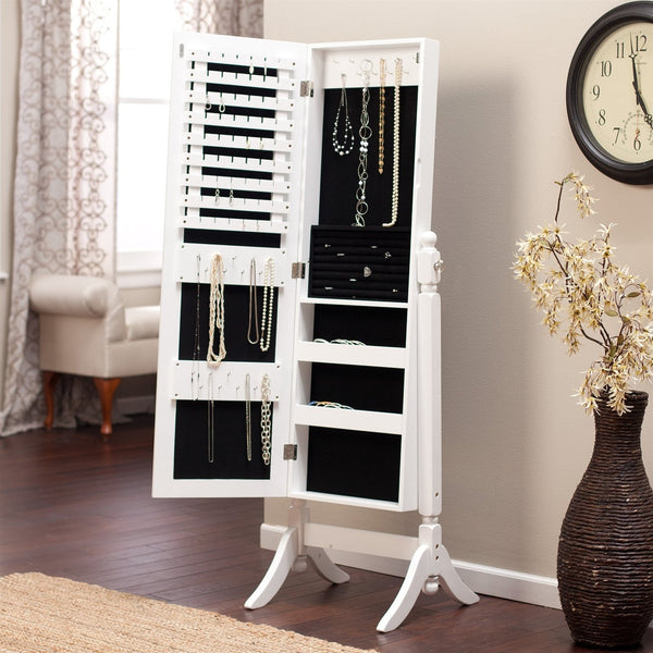 Full Length Tilting Cheval Mirror Jewelry Armoire Cabinet in Gloss White - Deals Kiosk