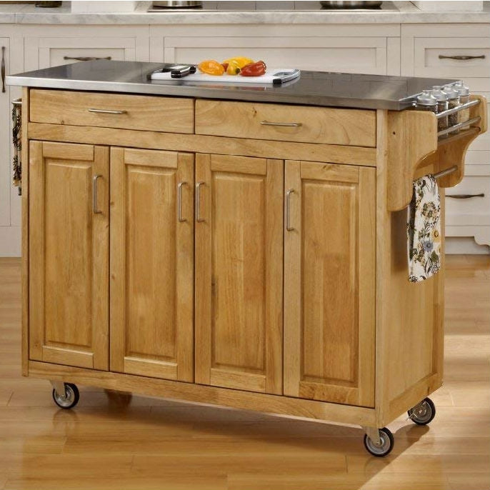 Stainless Steel Top Wooden Kitchen Cart Island with Casters - Deals Kiosk