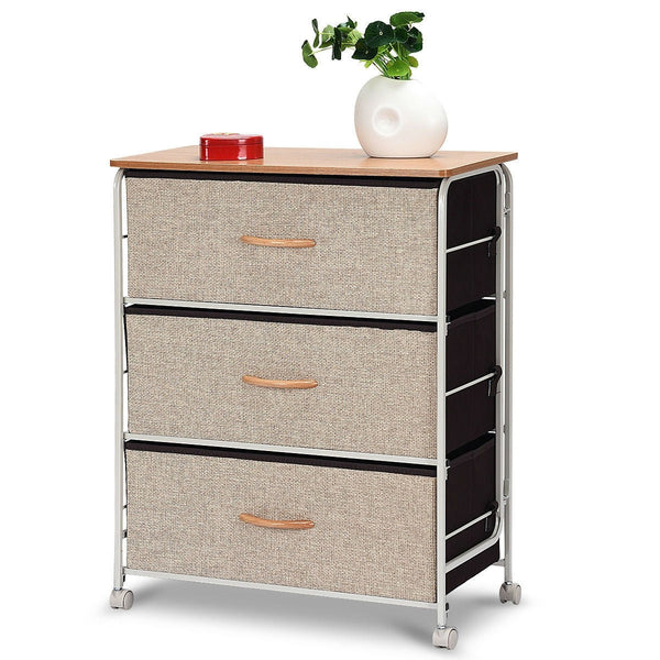 3-Tier Wood Top Dresser with 3 Linen Beige Fabric Drawers on wheels