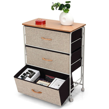 3-Tier Wood Top Dresser with 3 Linen Beige Fabric Drawers on wheels - Deals Kiosk