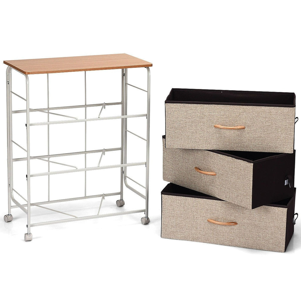 3-Tier Wood Top Dresser with 3 Linen Beige Fabric Drawers on wheels - Deals Kiosk