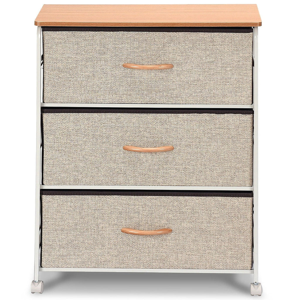 3-Tier Wood Top Dresser with 3 Linen Beige Fabric Drawers on wheels - Deals Kiosk