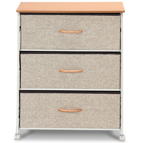 3-Tier Wood Top Dresser with 3 Linen Beige Fabric Drawers on wheels - Deals Kiosk