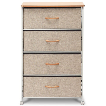 4-Tier Wood Top Dresser with 4 Linen Beige Fabric Drawers on wheels