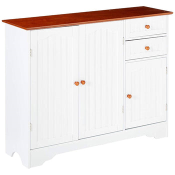 White Wood Sideboard Buffet Cabinet with Walnut Finish Top and Knobs - Deals Kiosk