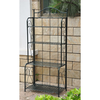 Indoor / Outdoor Folding Iron 4-Shelf Bakers Rack in Bronze with Lattice Shelves - Deals Kiosk