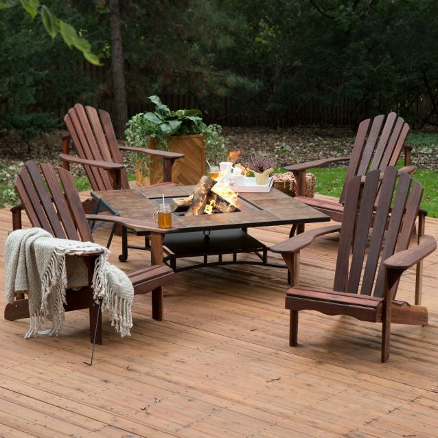 5 Piece Dark Amber Deluxe Adirondack Chair Natural Wood Burning Fire Pit Chat Set
