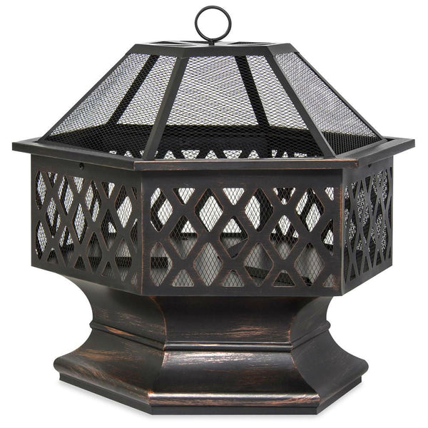 24 Inch Steel Distressed Bronze Lattice Design Fire Pit With Cover - Deals Kiosk