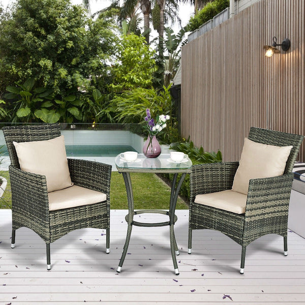 3 Piece Gray Brown Patio Rattan Chairs and Table Set with Cushions - Deals Kiosk