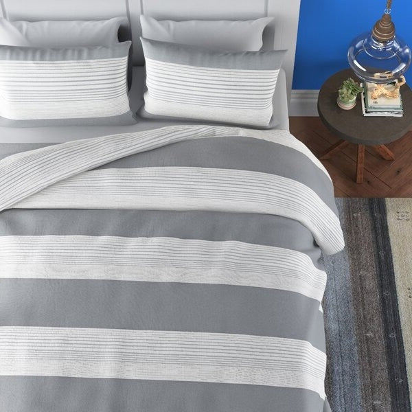 King size 100% Cotton Gray/Taupe Linen Stripe Comforter Set - Deals Kiosk