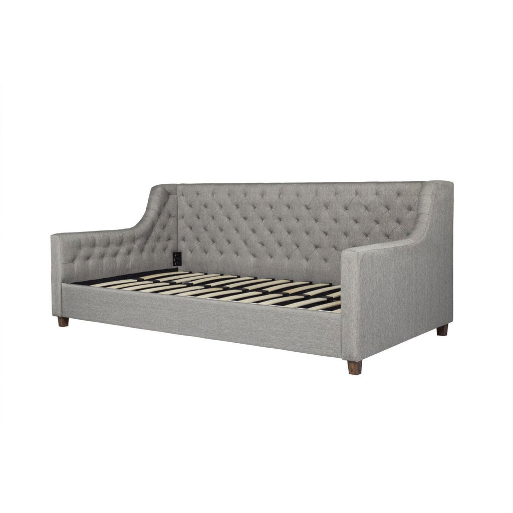 Twin size Grey Linen Upholstered Day Bed with Tufted Detailing and Wood Legs - Deals Kiosk