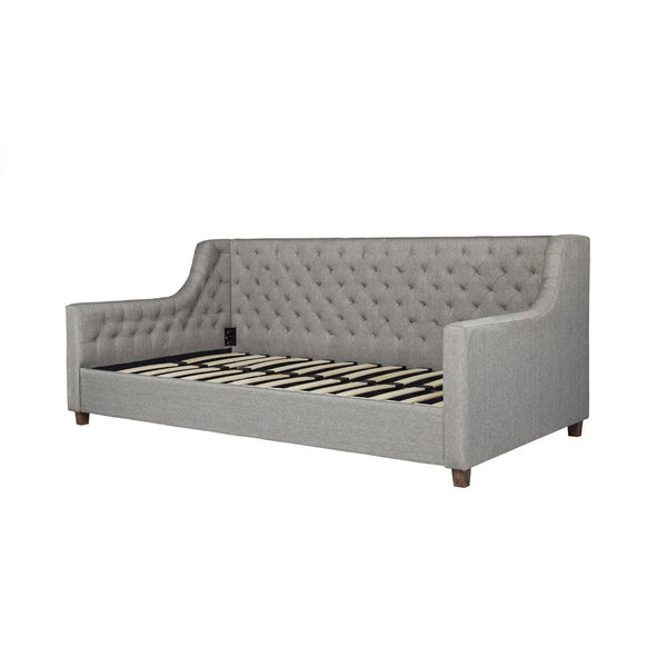 Twin size Grey Linen Upholstered Day Bed with Tufted Detailing and Wood Legs - Deals Kiosk