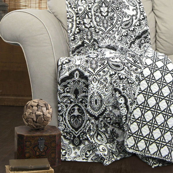 King size 3-Piece Cotton Quilt Set in Black White Paisley Damask - Deals Kiosk