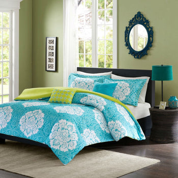 King size 5-Piece Floral Damask Comforter Set in Teal Blue White and Green Colors - Deals Kiosk