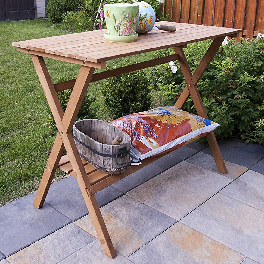 Indoor Outdoor Wood Potting Bench Garden Table with Lower Shelf - Deals Kiosk