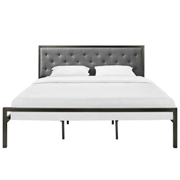 King size Modern Metal Platform Bed with Gray Button Tufted Headboard - Deals Kiosk