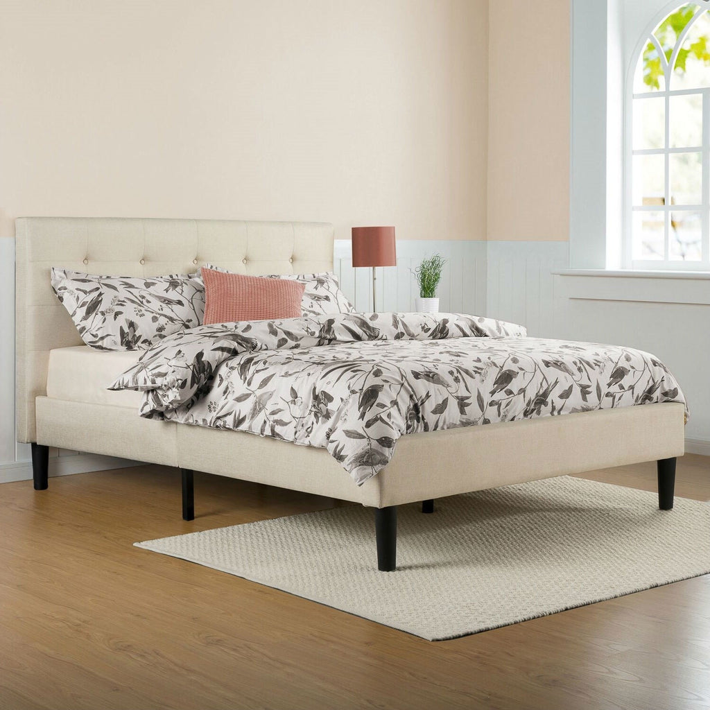 King size Taupe Beige Upholstered Platform Bed Frame with Headboard - Deals Kiosk