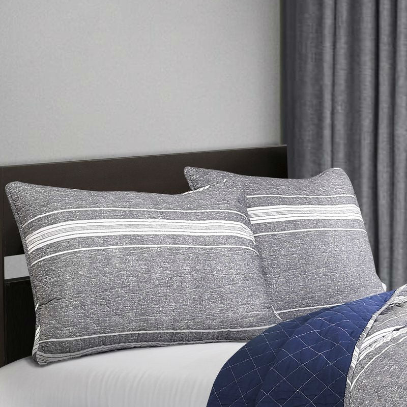 King Gray Navy Stripe Motif 100% Cotton Reversible Quilt Coverlet Bedspread Set - Deals Kiosk