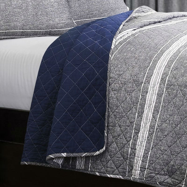 King Gray Navy Stripe Motif 100% Cotton Reversible Quilt Coverlet Bedspread Set - Deals Kiosk