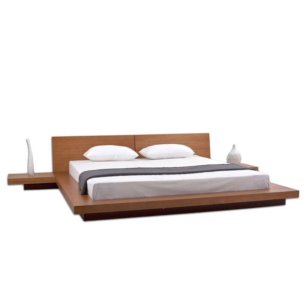 King Modern Japanese Style Platform Bed with Headboard and 2 Nightstands in Oak