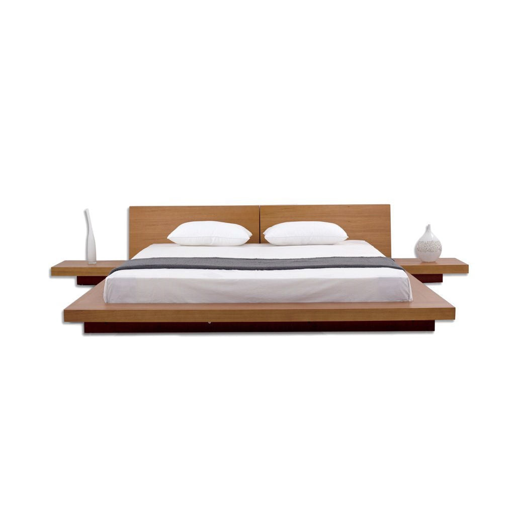 King Modern Japanese Style Platform Bed with Headboard and 2 Nightstands in Oak - Deals Kiosk