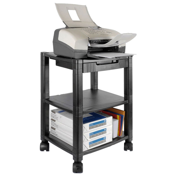 3-Shelf Mobile Printer Stand with Organizer Drawer in Black - Deals Kiosk