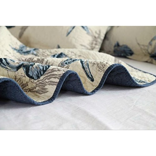 King size 3-Piece Bedspread Quilt Set in 100-Percent Cotton with Seashells Ocean Beach Nautical Pattern - Deals Kiosk