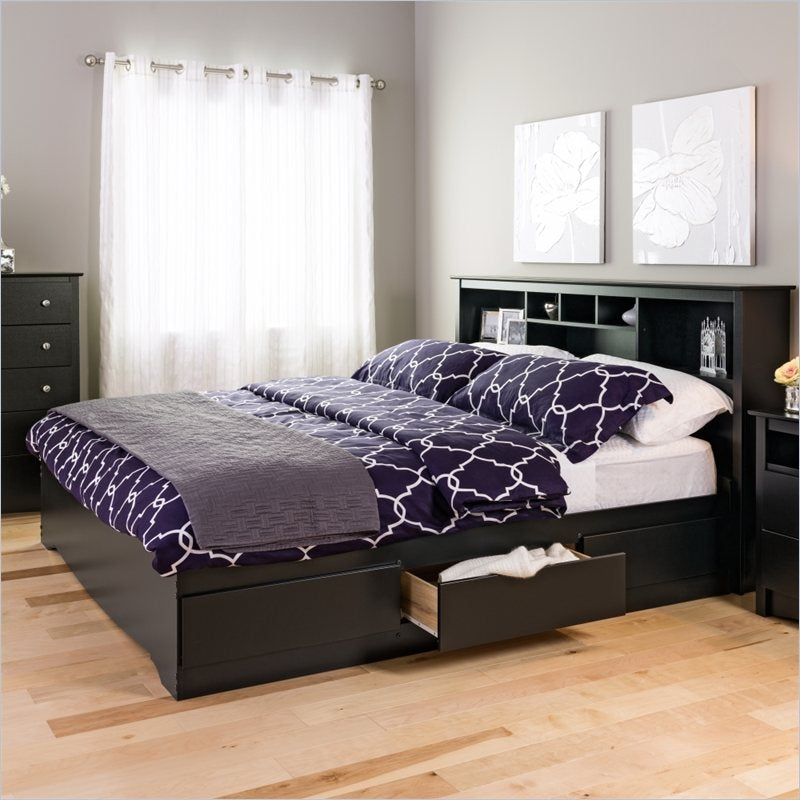King size Bookcase Headboard in Black Wood Finish - Deals Kiosk