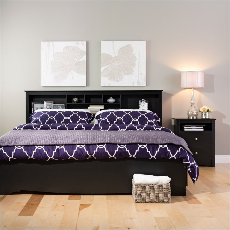 King size Bookcase Headboard in Black Wood Finish - Deals Kiosk