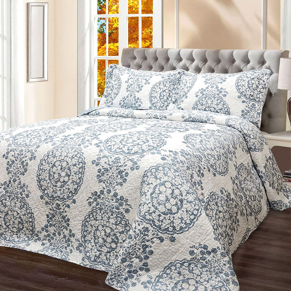 King 3-Piece Reversible Cotton Quilt Set with White Blue Floral Medallion Design - Deals Kiosk