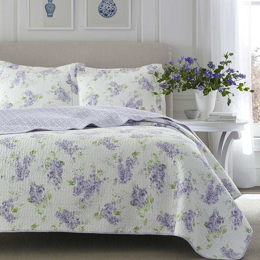 King size 3-Piece Cotton Quilt Set with Purple White Floral Pattern - Deals Kiosk