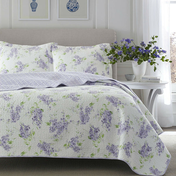 King size 3-Piece Cotton Quilt Set with Purple White Floral Pattern - Deals Kiosk