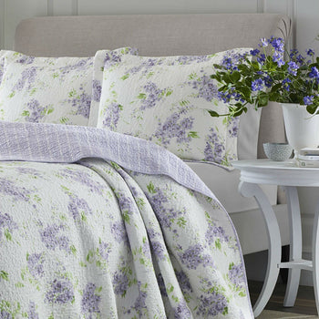 Full / Queen size 3-Piece Cotton Quilt Set with White Purple Floral Pattern - Deals Kiosk