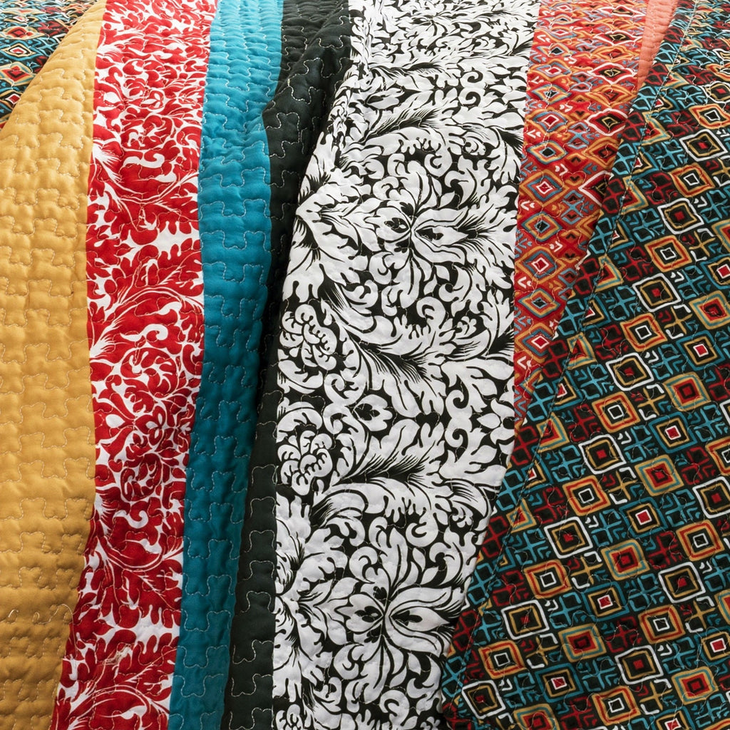 King size 3-Piece Quilt Set in Modern Colorful Stripe Geometric Floral Pattern - Deals Kiosk
