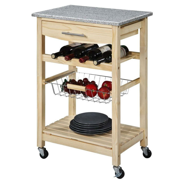 Natural Wood Finish Kitchen Island Cart with Granite Top - Deals Kiosk