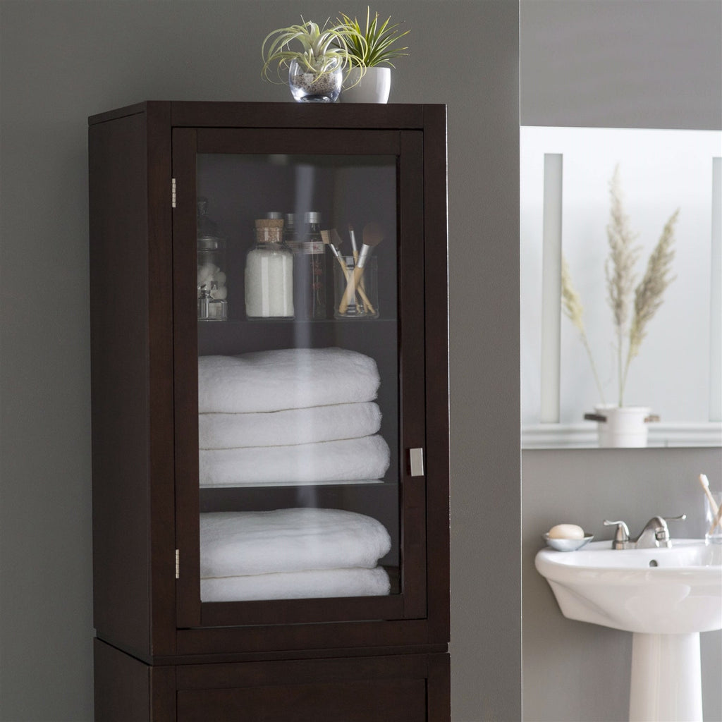 Espresso Wood Linen Tower Bathroom Storage Cabinet with Glass Paneled Door - Deals Kiosk