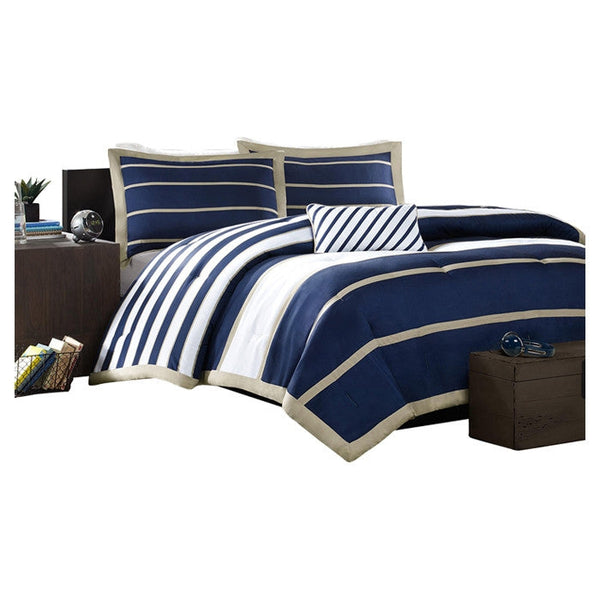 Full / Queen size Comforter Set in Navy Blue White Khaki Stripe - Deals Kiosk