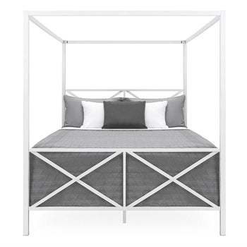 Queen size Modern Industrial Style White Metal Canopy Bed Frame - Deals Kiosk