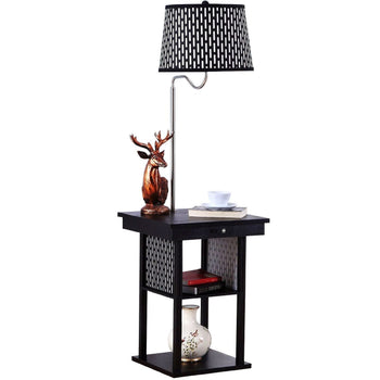 2-in1 Floor Lamp Side Table with Patterned Shade and USB Ports - Deals Kiosk