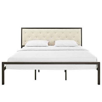 King size Modern Metal Platform Bed Frame with Beige Upholstered Headboard - Deals Kiosk