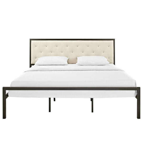 King size Modern Metal Platform Bed Frame with Beige Upholstered Headboard - Deals Kiosk