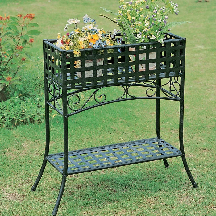 Elevated Rectangular Metal Planter Stand in Black Wrought Iron - Deals Kiosk