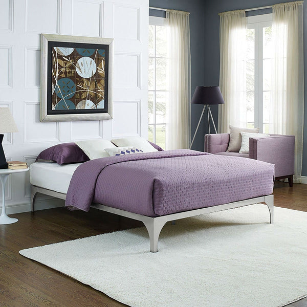 King size Modern Metal Platform Bed Frame in Silver Finish with Wood Slats - Deals Kiosk