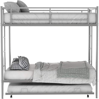 Twin size Silver Metal Bunk Bed with Roll-Out Trundle Bed Frame