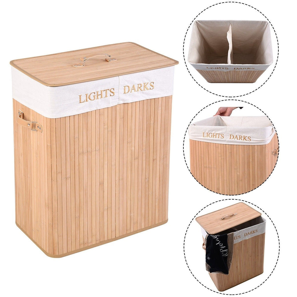 Bamboo 2-Bin Laundry Hamper Basket with Handles and Lid