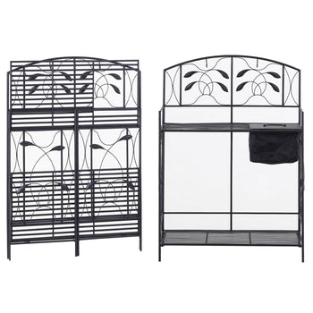 Black Metal Potting Bench with Wrought Iron Vine Details and Fabric Potting Sink - Deals Kiosk