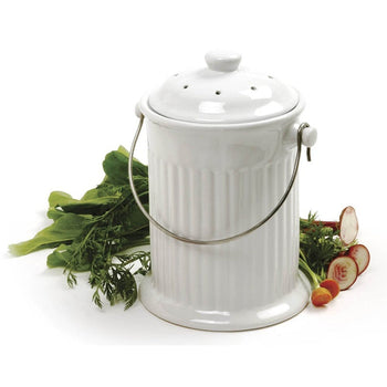 White Ceramic Compost Keeper/Bin with Odor Preventing Charcoal Filter - Deals Kiosk