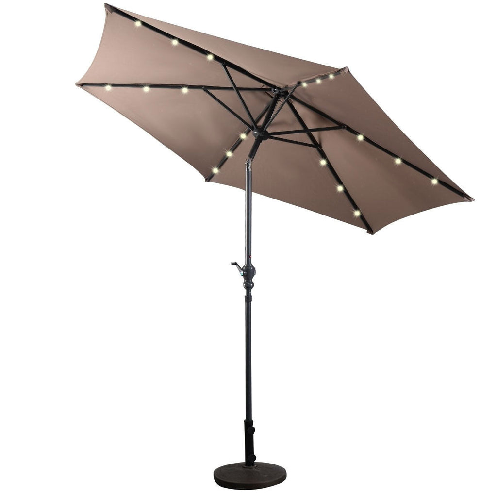 Tan 9-Ft Patio Umbrella with Steel Pole Crank Tilt and Solar LED Lights - Deals Kiosk