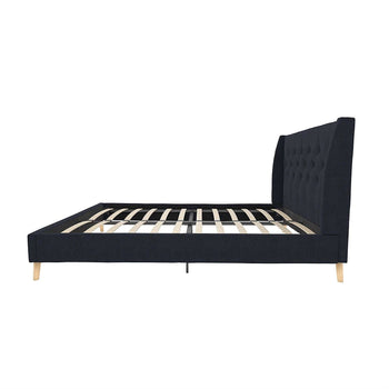 Queen Navy Blue Linen Upholstered Mid-Century Platform Bed with Wingback Headboard - Deals Kiosk